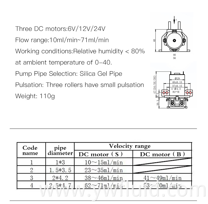 YWfluid Micro Industrial Peistaltic Pump With 12v DC motor Max Flowrate 130ml/min used for liquid transport